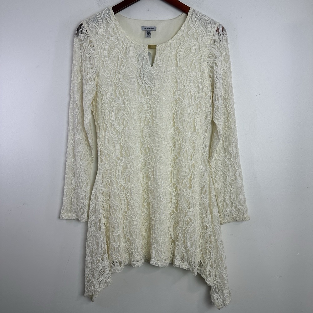 Linea Domani Top Lace Asymmetrical Hem Tunic Long Sleeves Womens Sz M Boho Fairy